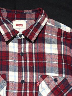 Levi's Mens Flannel Shirt Medium Red/Lt. Blue Plaid 100% Cotton Classic
